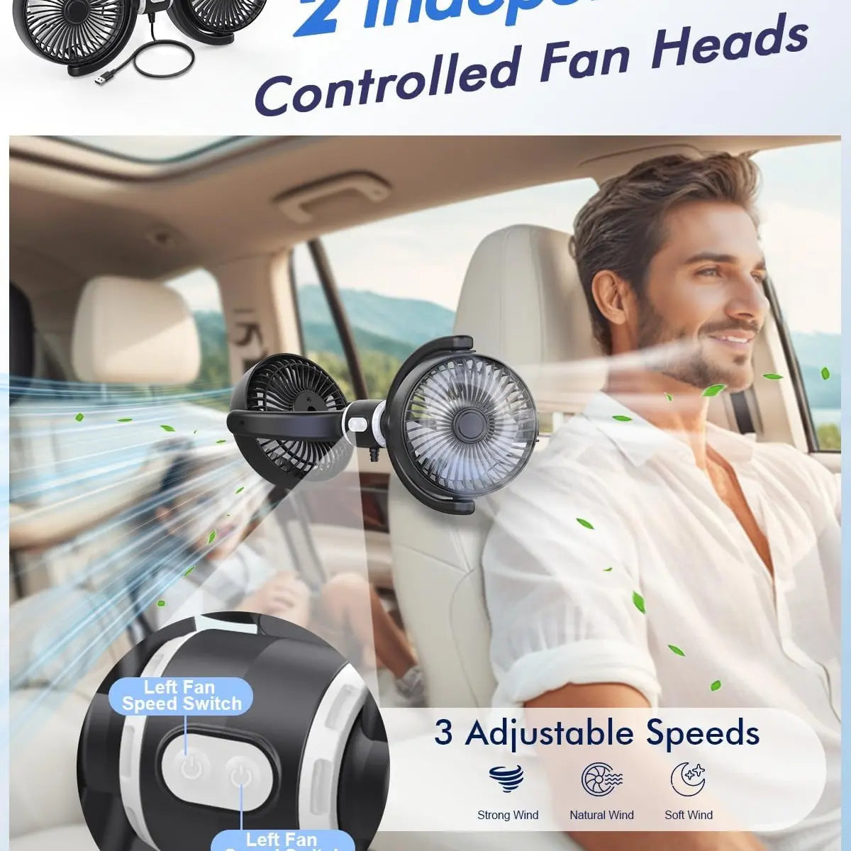 Dual-Head USB Car Fan for Rear Seats