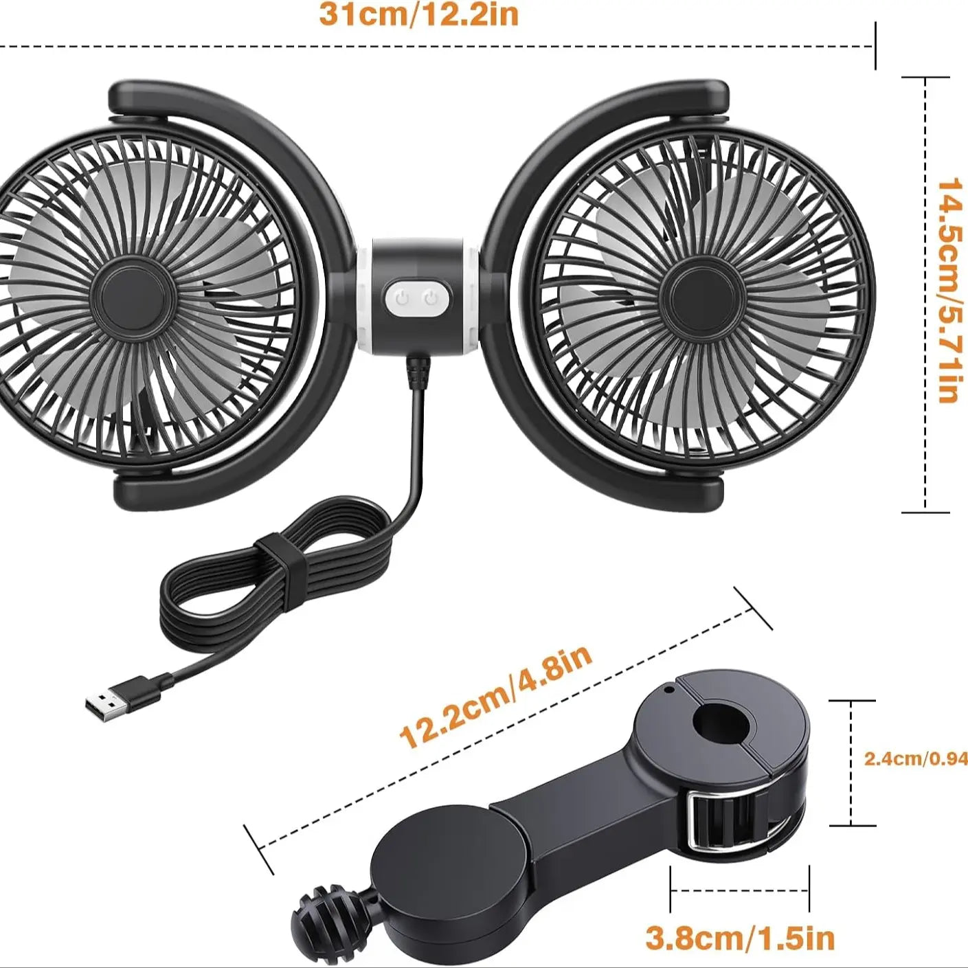 Dual-Head USB Car Fan for Rear Seats