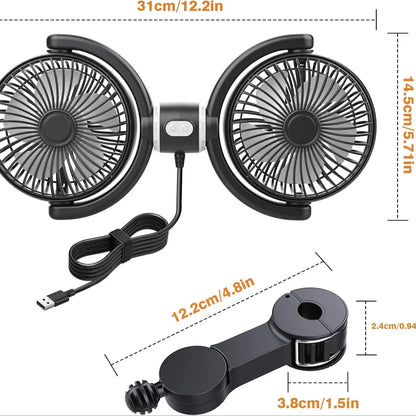 Dual-Head USB Car Fan for Rear Seats