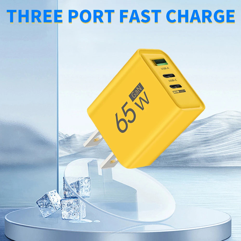 65W 3 Ports Gan USB PD Charger Fast Charging Type C Mobile Phone Adapter Quick Charger 3.0 for Iphone 15 Samsung Xiaomi Huawei