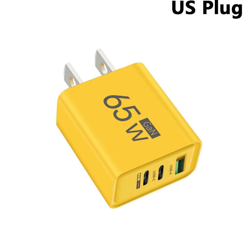 65W 3 Ports Gan USB PD Charger Fast Charging Type C Mobile Phone Adapter Quick Charger 3.0 for Iphone 15 Samsung Xiaomi Huawei