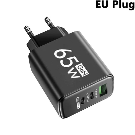 65W 3 Ports Gan USB PD Charger Fast Charging Type C Mobile Phone Adapter Quick Charger 3.0 for Iphone 15 Samsung Xiaomi Huawei