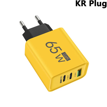 65W 3 Ports Gan USB PD Charger Fast Charging Type C Mobile Phone Adapter Quick Charger 3.0 for Iphone 15 Samsung Xiaomi Huawei