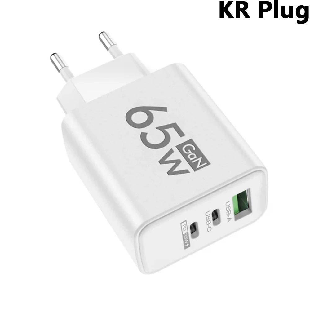 65W 3 Ports Gan USB PD Charger Fast Charging Type C Mobile Phone Adapter Quick Charger 3.0 for Iphone 15 Samsung Xiaomi Huawei