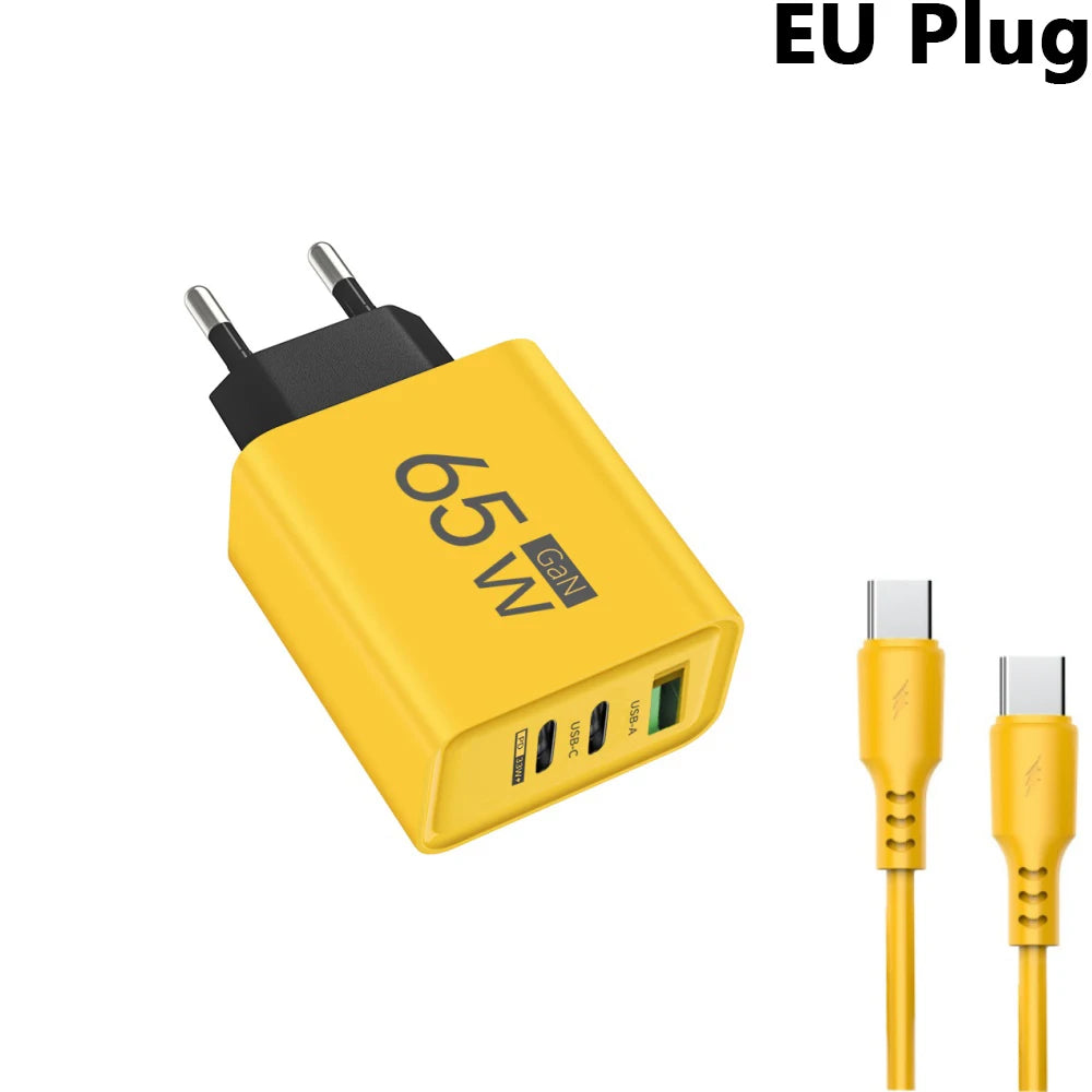 65W 3 Ports Gan USB PD Charger Fast Charging Type C Mobile Phone Adapter Quick Charger 3.0 for Iphone 15 Samsung Xiaomi Huawei