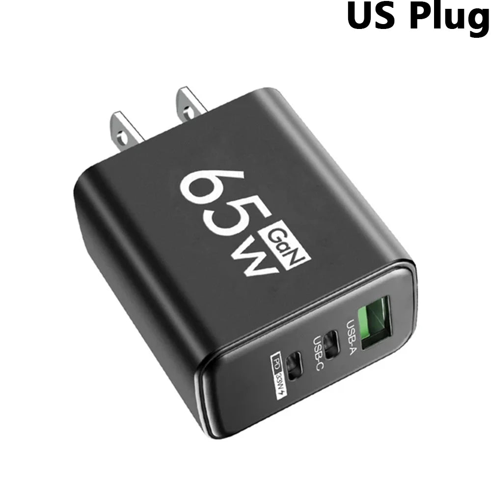 65W 3 Ports Gan USB PD Charger Fast Charging Type C Mobile Phone Adapter Quick Charger 3.0 for Iphone 15 Samsung Xiaomi Huawei