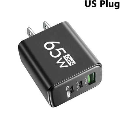 65W 3 Ports Gan USB PD Charger Fast Charging Type C Mobile Phone Adapter Quick Charger 3.0 for Iphone 15 Samsung Xiaomi Huawei