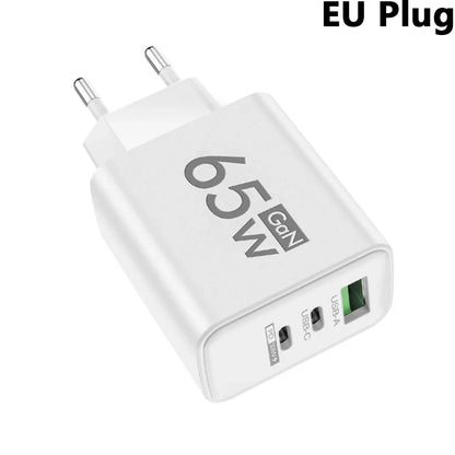65W 3 Ports Gan USB PD Charger Fast Charging Type C Mobile Phone Adapter Quick Charger 3.0 for Iphone 15 Samsung Xiaomi Huawei