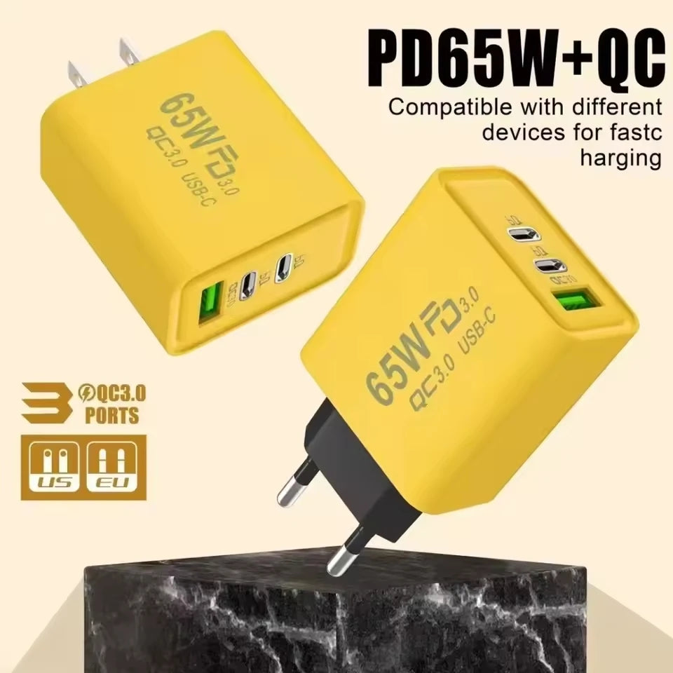 65W 3 Ports Gan USB PD Charger Fast Charging Type C Mobile Phone Adapter Quick Charger 3.0 for Iphone 15 Samsung Xiaomi Huawei