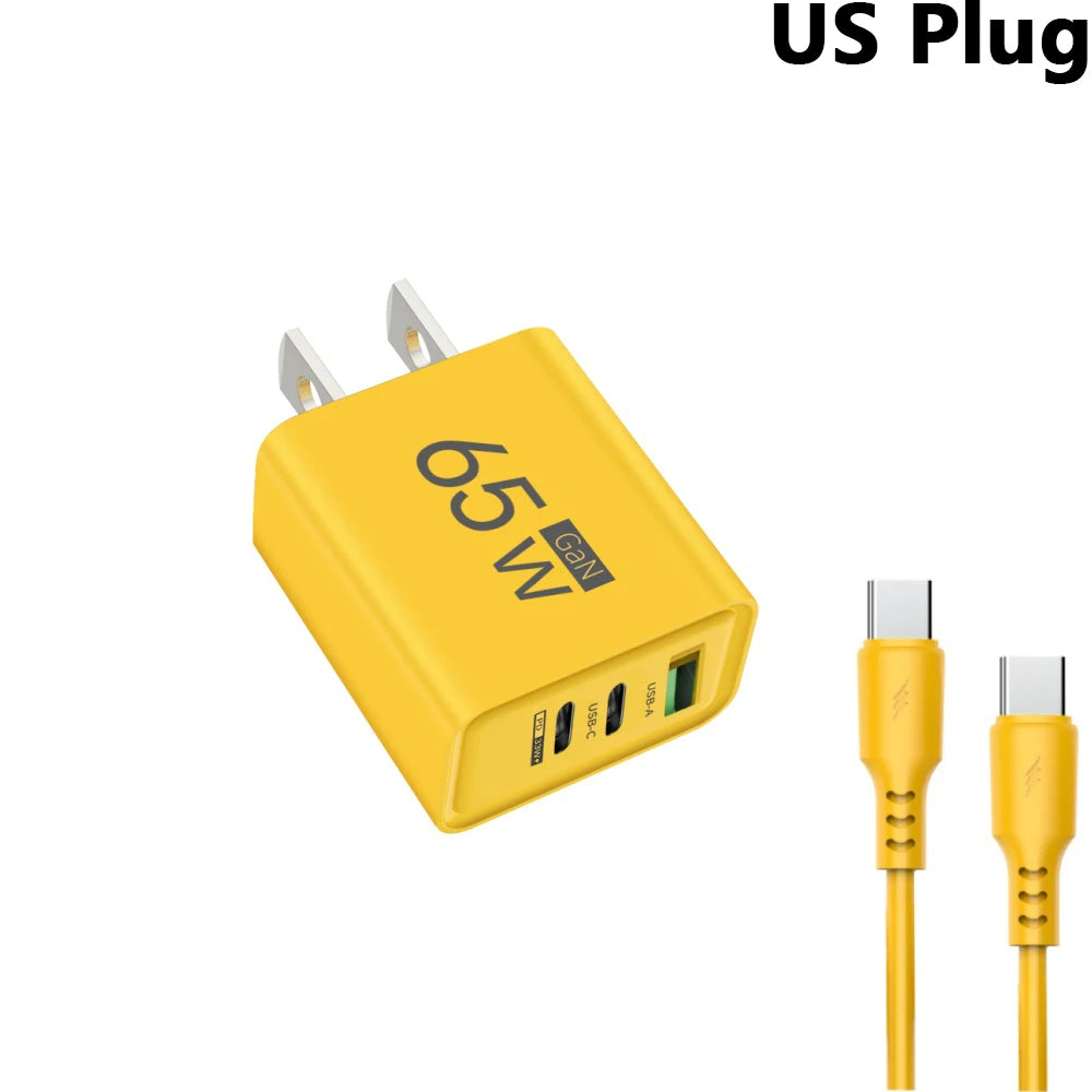 65W 3 Ports Gan USB PD Charger Fast Charging Type C Mobile Phone Adapter Quick Charger 3.0 for Iphone 15 Samsung Xiaomi Huawei