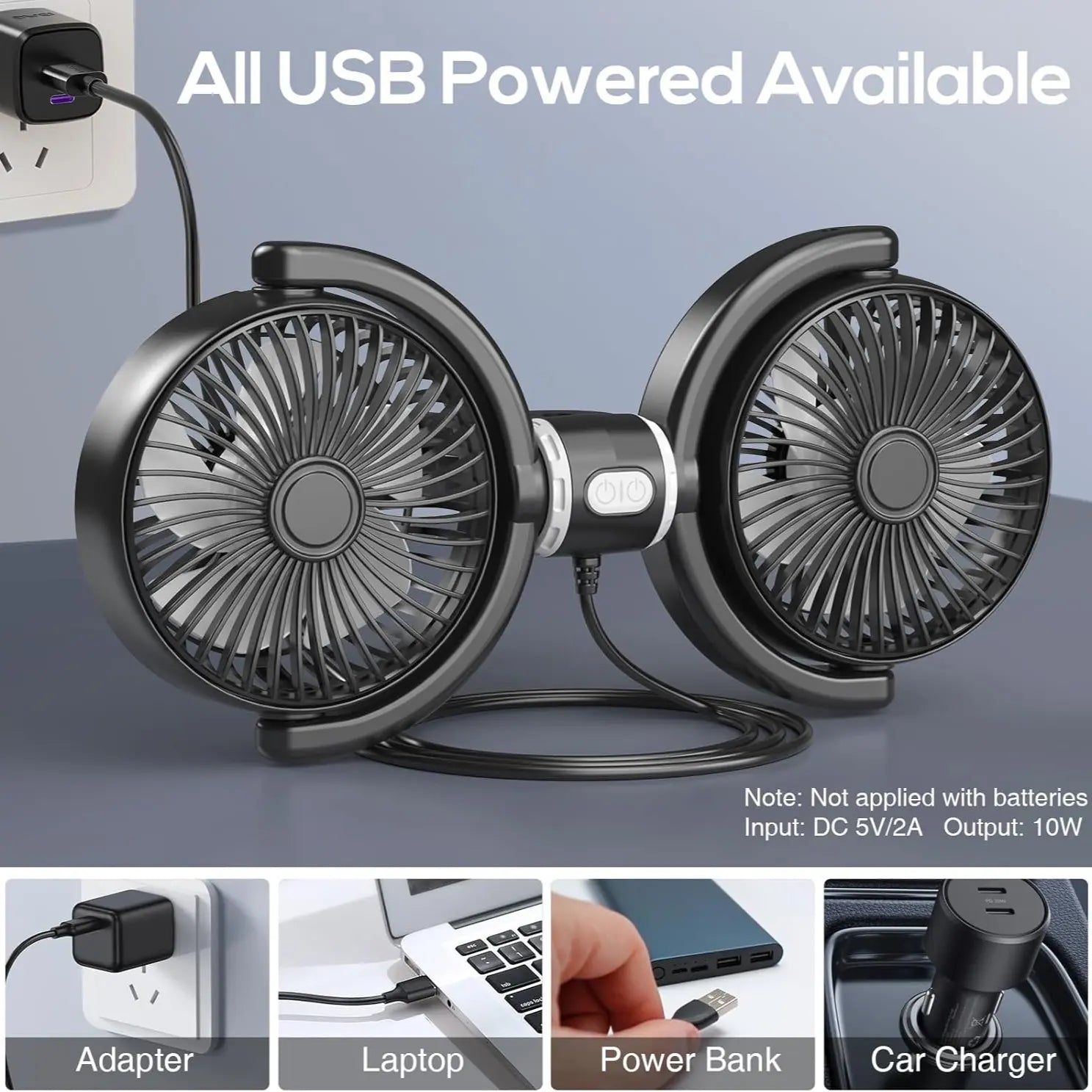Dual-Head USB Car Fan for Rear Seats