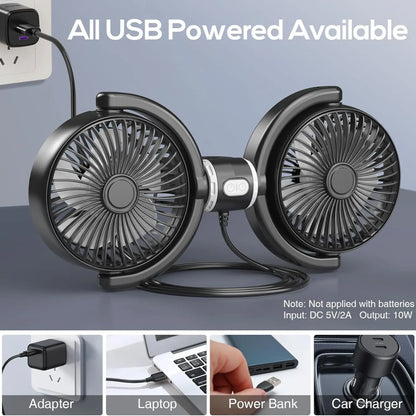Dual-Head USB Car Fan for Rear Seats