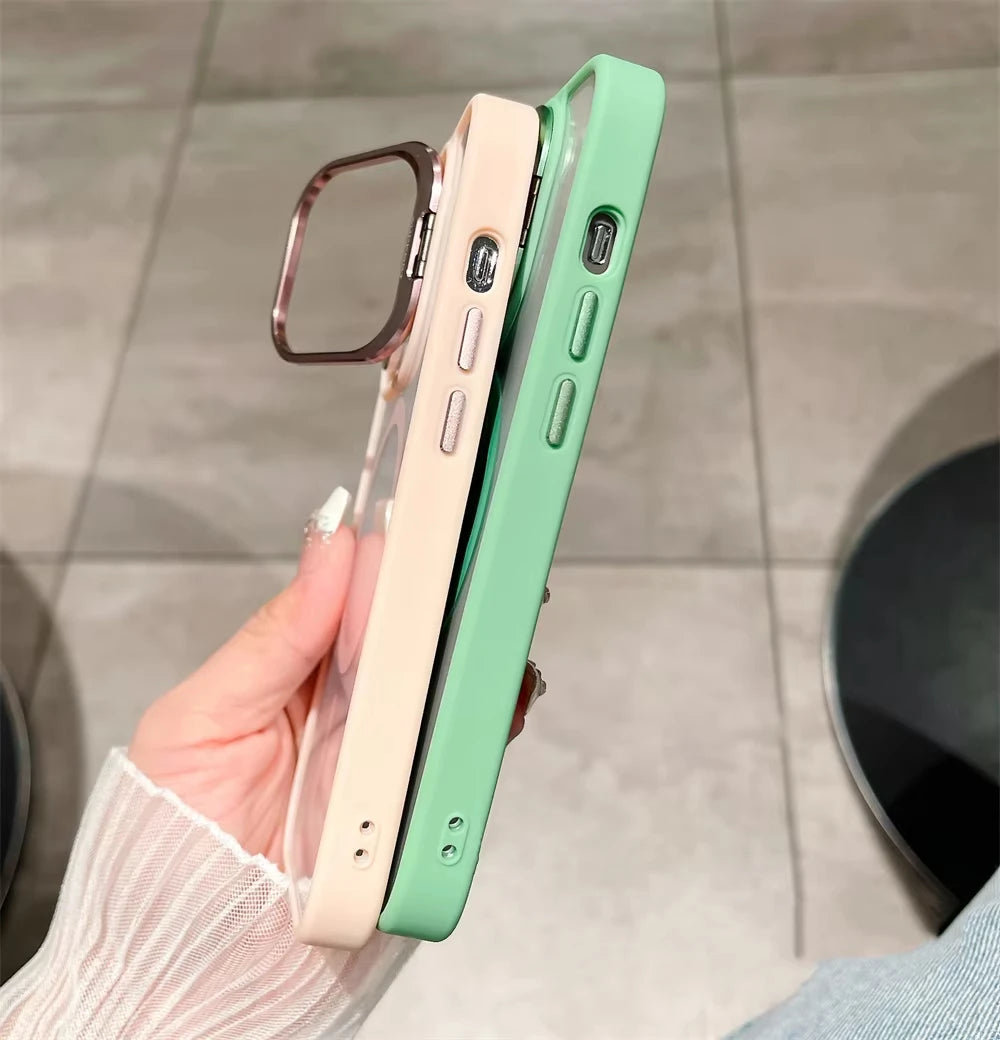 Luxury Magnetic Stand Glass Lens Protection Phone Case for Iphone 17 16 15 14 12 11 Pro Max plus Magsafe Shockproof Cover